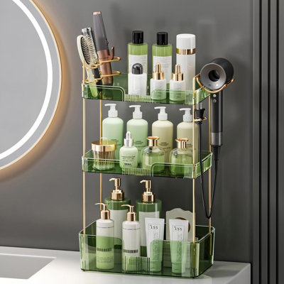 3 Tier Bathroom Organizer Countertop With Hair Dryer Rack & Toothbrush Holder - Spacious Makeup Skincare Vanity Tray For Bathroom Dresser - Minimalist Nordic Design