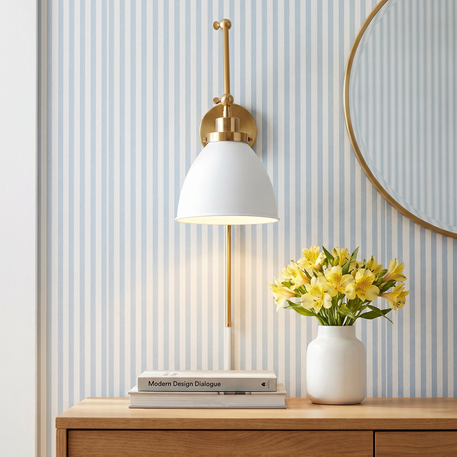Single Light Dimmable Armed Sconce, Burnished Brass, Matte White