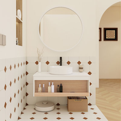 Meuble-lavabo flottant 36 po avec lavabo vasque rond blanc brillant, meuble-lavabo mural avec tablette ouverte, finition blanche avec comptoir durable, conception moderne peu encombrante (livré dans 2 boîtes)