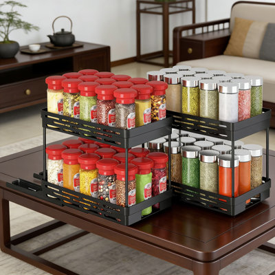 Support à épices escamotable pour armoire, paquet de 2 étagères à épices coulissantes à 2 niveaux, pouvant contenir 15 pots par niveau, conception peu encombrante pour armoires H 12 po x P 11 po x l 6,75 po