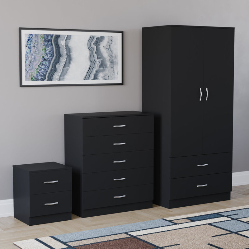 Maybery 3 Piece Bedroom Set (2 Drawer Bedside Chest, 5 Drawer Chest, 2 Door 2 Drawer Wardrobe), (4), Black