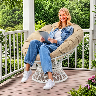 Fauteuil Papasan pivotant à 360 ° Hubhalsun, fauteuil Papasan rond en osier avec coussin épais, fauteuil Papasan intérieur / extérieur d'une capacité de 350 lb pour le patio, le salon, la chambre à coucher
