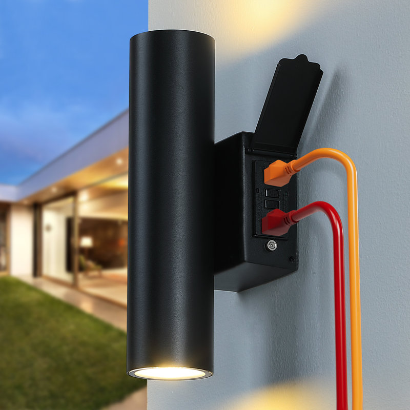 2-Light 11.8" Outdoor LED Wall Light with GFCI Outlet