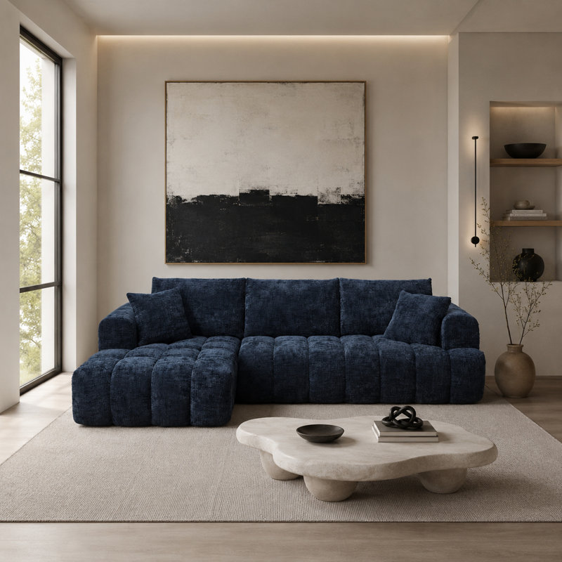 Classic Boneless L-shaped Chenille Fabric Upholstered 3-Seater Sectional Sofa with Two Pillows, Dark Blue Chenille