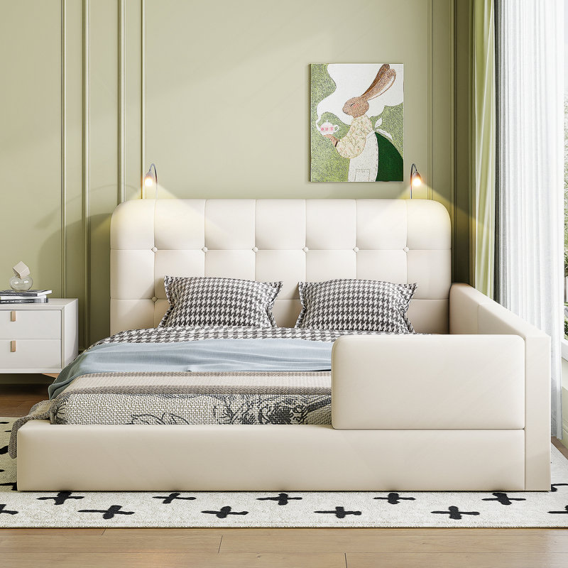 Queen Size Upholstered Platform Bed With 2 Reading Lights , White