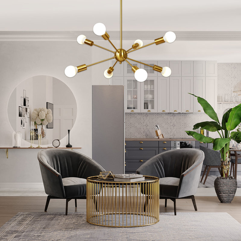 Luminaire suspendu moderne en laiton brossé Sputnik à 8 lumières de style Mid-Century doré pour la salle à manger.