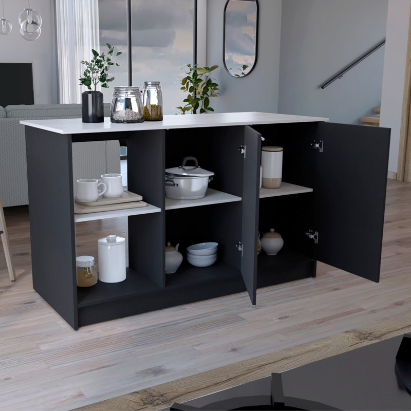 Kitchen Island With Large Top Surface, Double Door Cabinet, And Open Shelves, Black/Gray