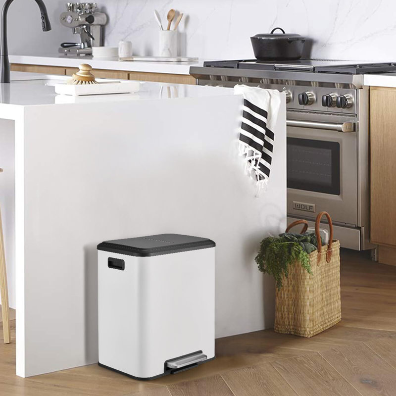 Stainless Steel Step On Multi-Compartment Trash/Recycling Bins - 8 Gallons, White