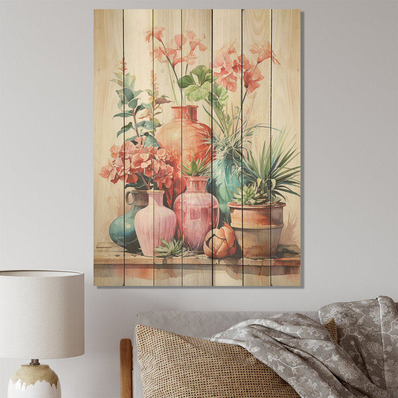 Art floral floral poterie perfection IV - poterie bohème sur bois, H 20 po x l 10 po