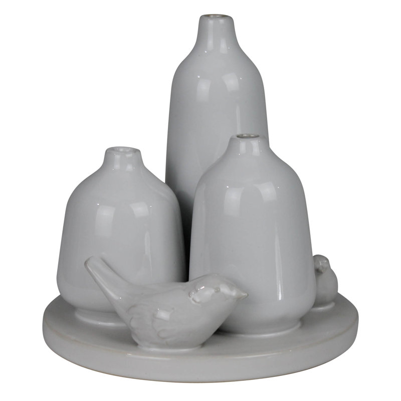 Vase en trio avec deux oiseaux, céramique