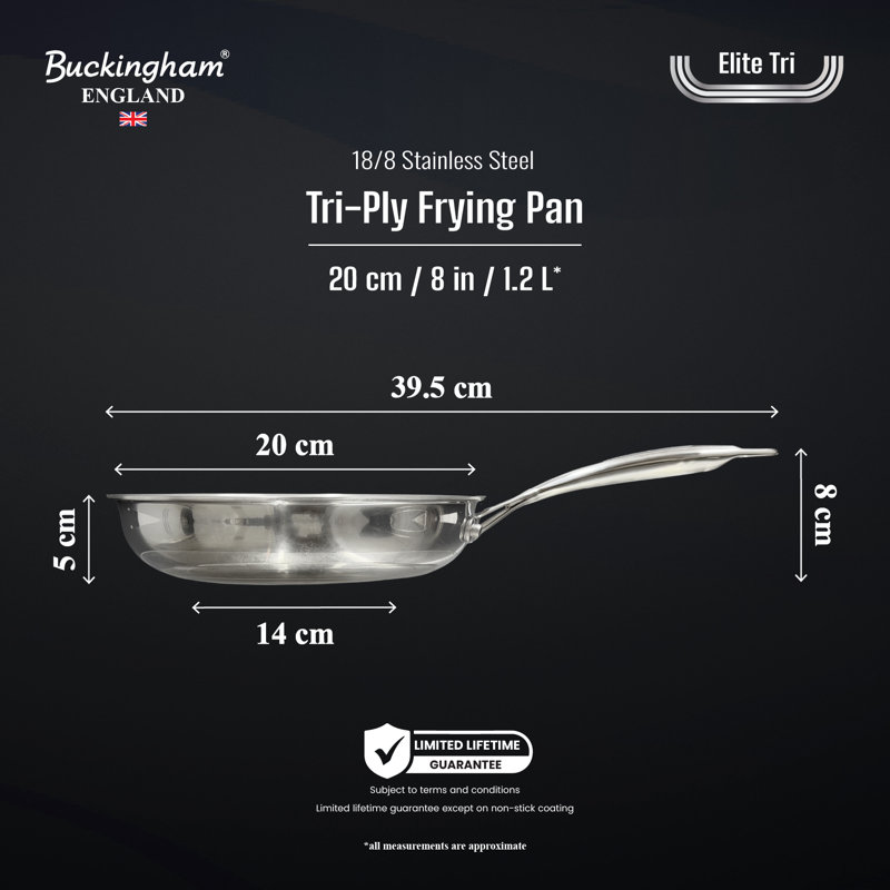 Buckingham Elite Tri-Ply 18/8 Stainless Steel Frying Pan with ILAG Ultimate Non-Stick Coating  , 20 cm 