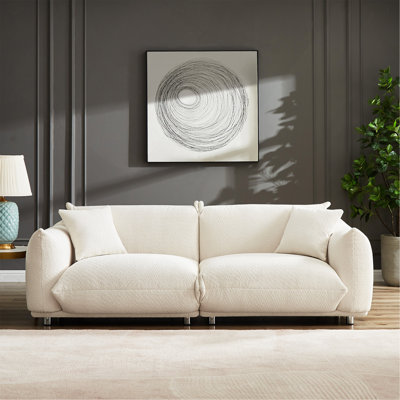 White Oversized 3-Seater Sherpa Sofa with Metal Legs & 2 Pillows for Apartment/Office