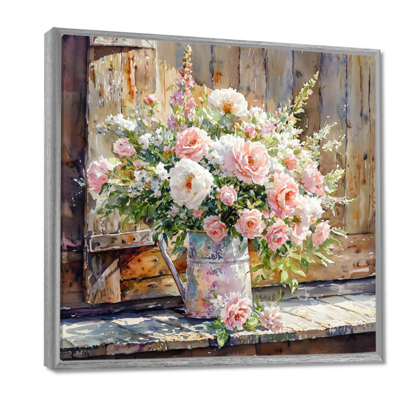 «Dondiel Summer Blush Rose Bouquet At The Barn II» - roses, art mural, H 16 po x l 16 po, Impression encadrée flottante