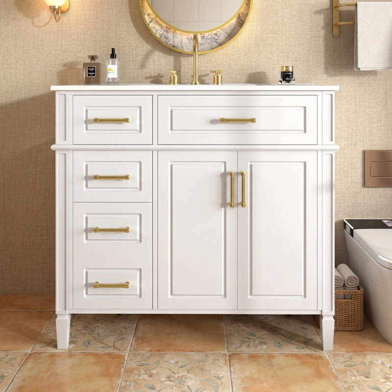Meuble-lavabo simple 36 po avec lavabo en céramique et tiroirs de rangement, Blanc