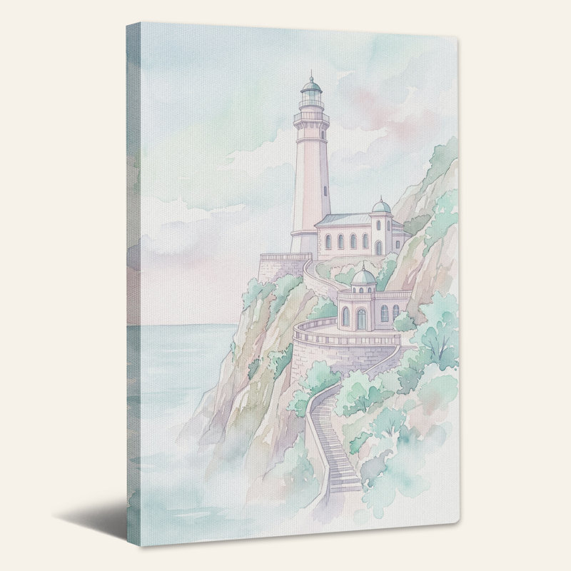 Aquarelle sur toile, phare sur une falaise côtière, H 18 po x l 12 po