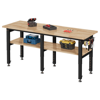 Établi réglable à 2 niveaux Alok avec 4 prises de courant alternatif et 2 prises USB, capacité de 2 000 lb pour établi, plateau en bois d'hévéa pour garage, atelier, bureau