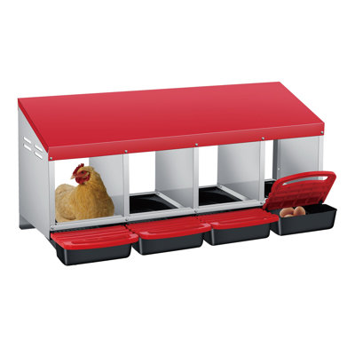 Roll Away Chicken Nesting Box, 4-Compartment Galvanized Steel Hen Nest with Lid & Plastic Tray, Freestanding or Wall Mount Poultry Nesting Boxes for Easy Egg Collection, Red