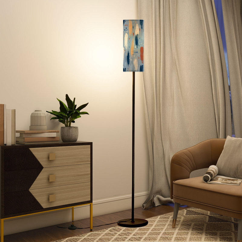  68.5" Standing Floor Lamp Abstract Blue Beige Ikat Earthy Accents Dimmable Metal Pole Lamp with Linen Lampshade LED Bulb Included