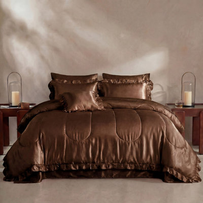 Satin Comforter Set with Sheet Set Queen 8 Pcs Silk Like Brown Bedding Set Silky Ruffle Pattern Luxury Silky Comforter Set with 1 Cushion Cover