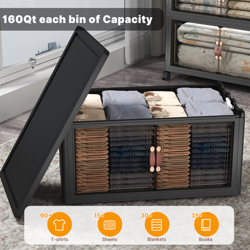 Extra Large Stackable Storage Bins with Lids & Wheels & Door, Foldable Collapsible Closet Organizers, Plastic containers drawers for bedroom Dorm