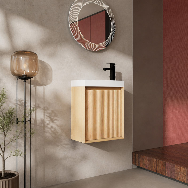 18.5" Wall-Mounted Bathroom Vanity With Resin Sink, Soft Closed Single Door, Bathroom Cabinet Set, MDF, Nature Wood (KD-Packing)
