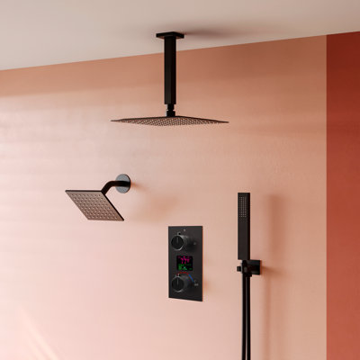 Digital Shower System with Pressure Balanced Valve, 12" Ceiling Mount Rainfall Dual Shower Head and Handheld Shower