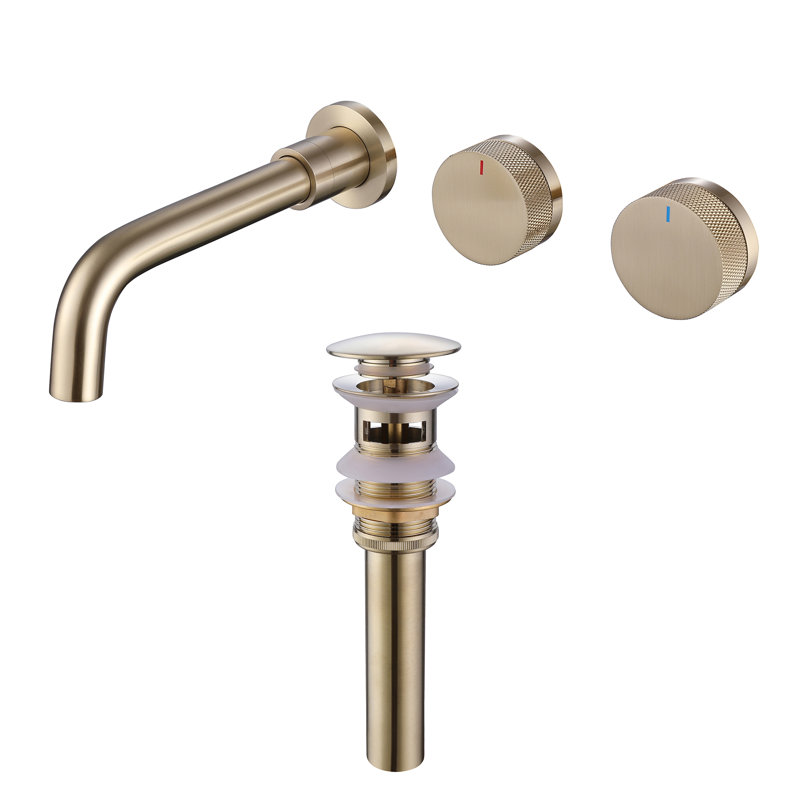 Robinet de salle de bain mural 8,07 ", robinet de lavabo en laiton massif avec ensemble de drain, Or brossé, Drainage inclus
