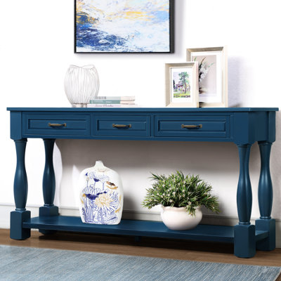 Console de 63 po de long bleu marine Bois massif, 3 tiroirs et 1 tablette, construction stable, bleu marine facile à assembler. Et fonctionnel, processus d'assemblage rapide