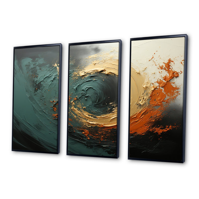 Orange et vagues ondulées oranges Melody III - abstrait spirales murales, Cadre flottant noir, H 40 po x l 61 po x P 1 po