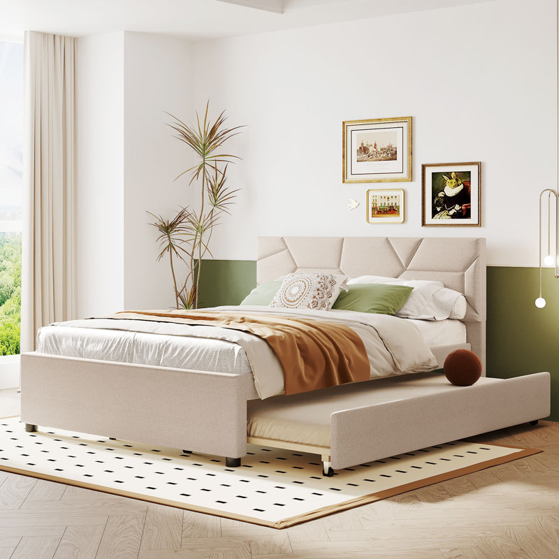 Lit plateforme tapissier avec lit gigogne, Beige, Grand