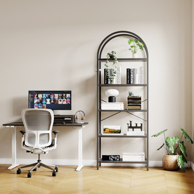 Bibliothèque à 5 niveaux arquée, tablette ouverte de style industriel de 180 cm de haut pour salon, meuble de rangement moderne autoportant, structure métallique pour bureau ou chambre, noir