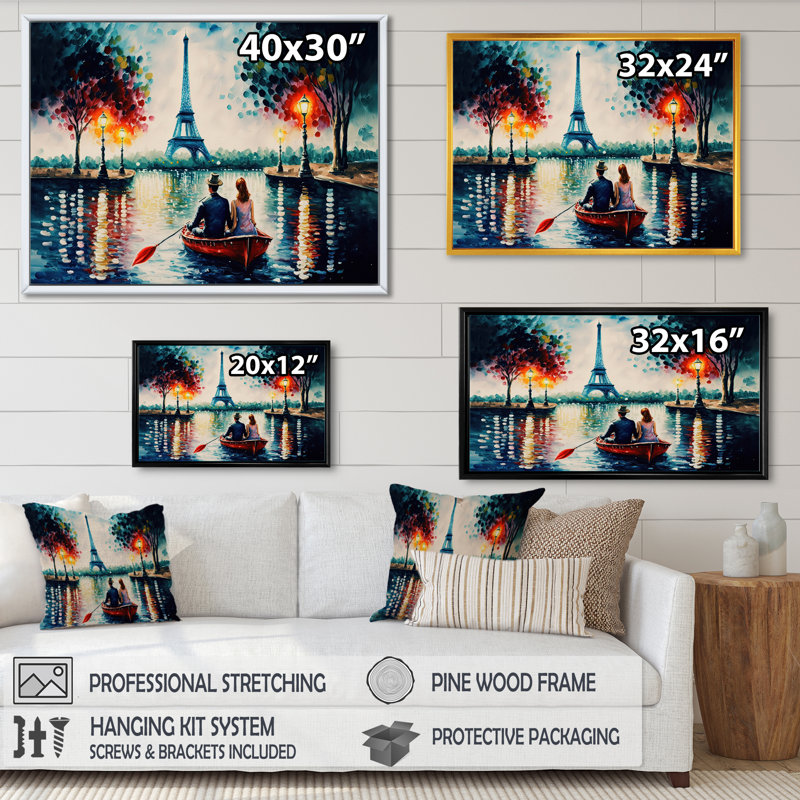 Soirée romantique sur un petit bateau IV - Peinture sur toile, H 16 po x l 32 po x P 1 po, Cadre flottant doré
