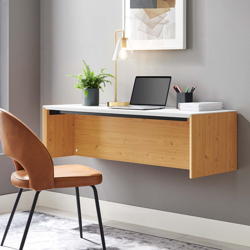 Modway Kinetic Wall-Mount Office Desk, 18" H x 49" W x 18" D, White/Natural