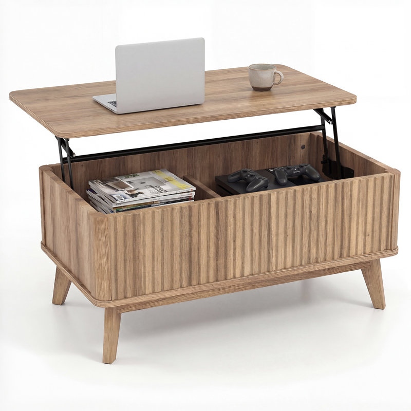 Fluted Lift Top Coffee Table 35.5" Rectangle Wooden Center Table With Lift Tabletop & Hidden Compartments
