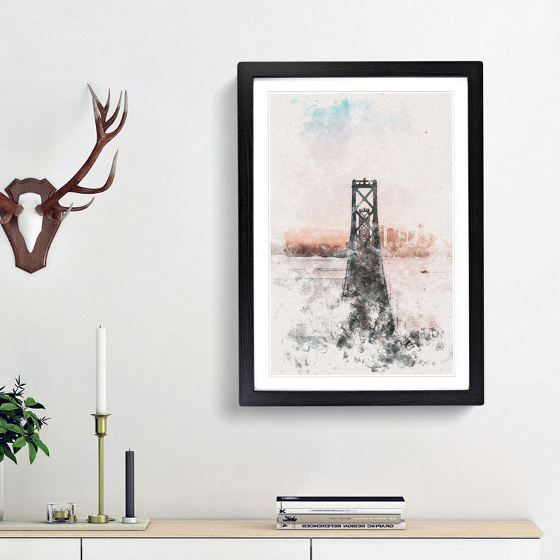 Bridge In San Francisco Watercolour - Picture Frame Graphic Art, 33cm H x 24cm W x 2cm D, Black Framed