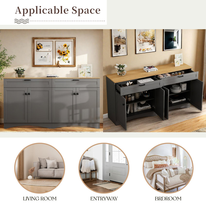 Farmhouse Sideboard With Adjustable Shelves And Rustic Handles, Gray