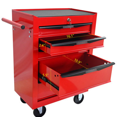 5 Drawers Workshop Tool Trolley, Metal Chest In Red&Black With Bearing Drawer Slides, 4 Wheels Locking Feature, Key - Locked Protection Drawers, Chest, Red&Black, Wheels, Mechanisms, Lock,