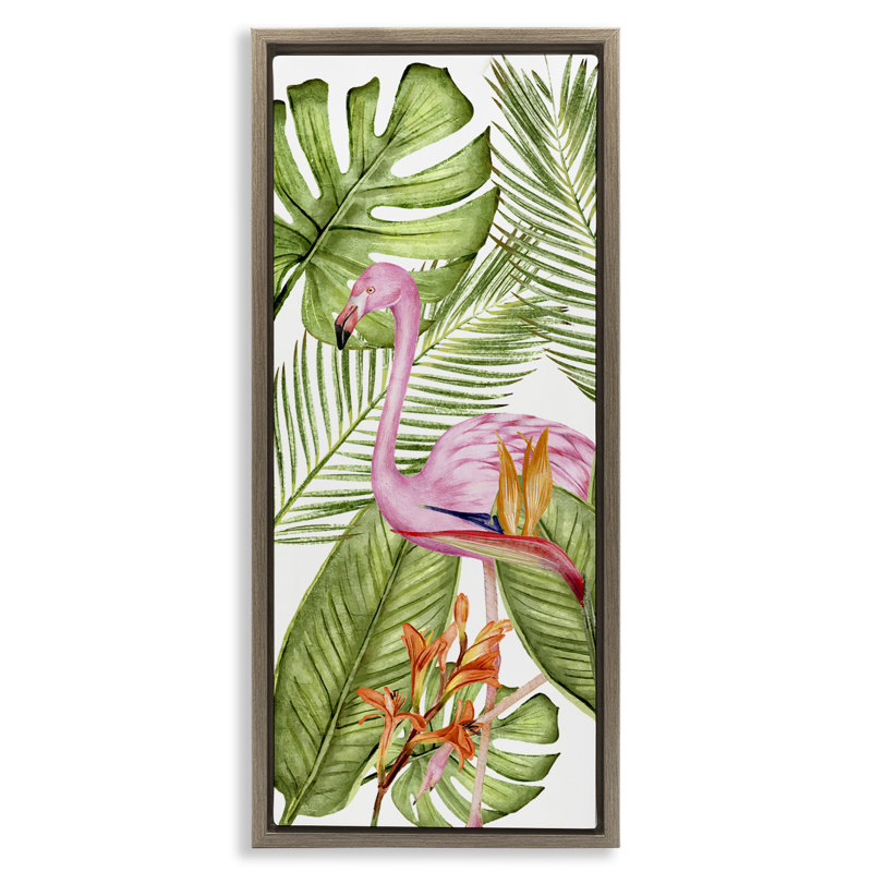 Plantes tropicales et flamant rose, H 25 po x l 11 po, Cadre flottant orme Montalcino