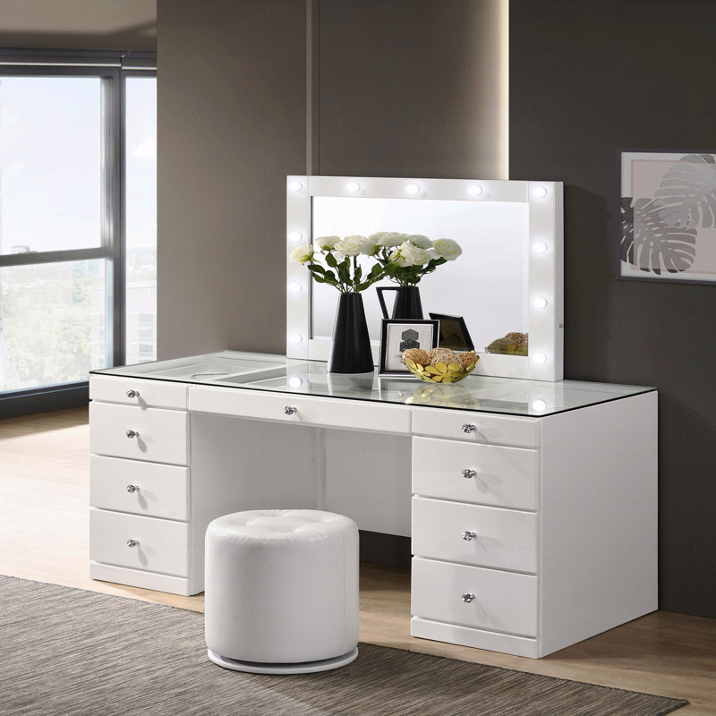 Ensemble de coiffeuse 1 pièce avec plateau en verre et 9 boutons en bois blanc, Blanc