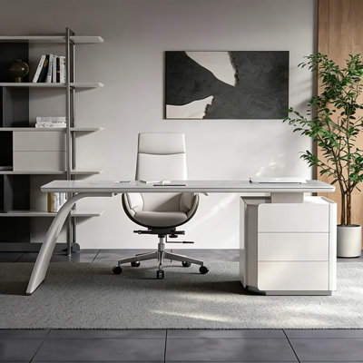 White Rectangular Manufactured Wood Sintered Stone tabletop with 3 drawers desk