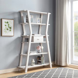 Modern Display Cabinet 4- Tier Open Shelving with Center Drawer in White Oak