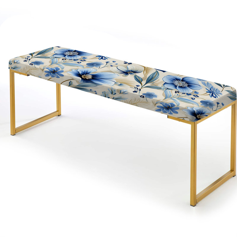 Floral Upholstered Gold Bench, Boho White Blue Hibiscus Flowers II