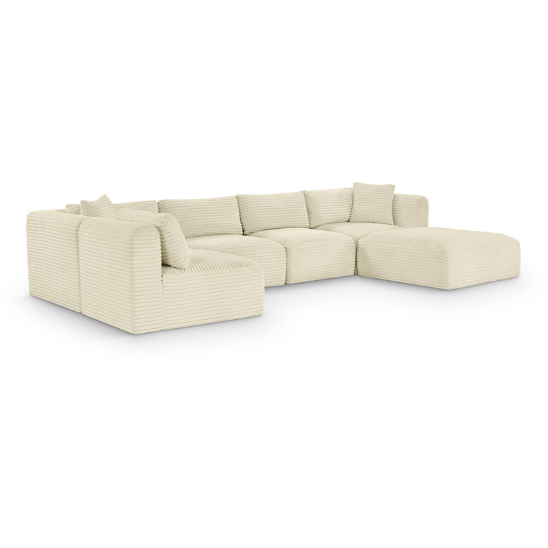 Canapé modulaire Carmean, Velours côtelé texturé crème, 3 sans accoudoirs, 2 en coin, 1 repose-pieds