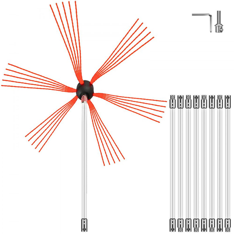 Trousse de ramonage, trousse de brosse de cheminée avec 6 tiges flexibles en nylon, trousse de nettoyage de cheminée rotative entraînée par perceuse, trousse d'outils de nettoyage de cheminée pour conduit de cheminée de balayage