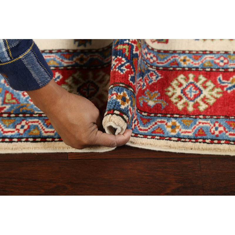 Tapis unique en laine noué à la main ivoire / rouge 3 pi 11 po x 5 pi 10 po New Age