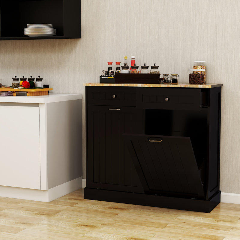 Armoire à poubelle de cuisine noire avec - deux compartiments, rangement pratique pour tiroirs, multifonctionnel