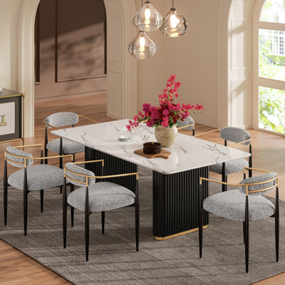 Velora 6-Person Rectangular Double Pedestal Dining Table Set with Bouclé Upholstered Chairs