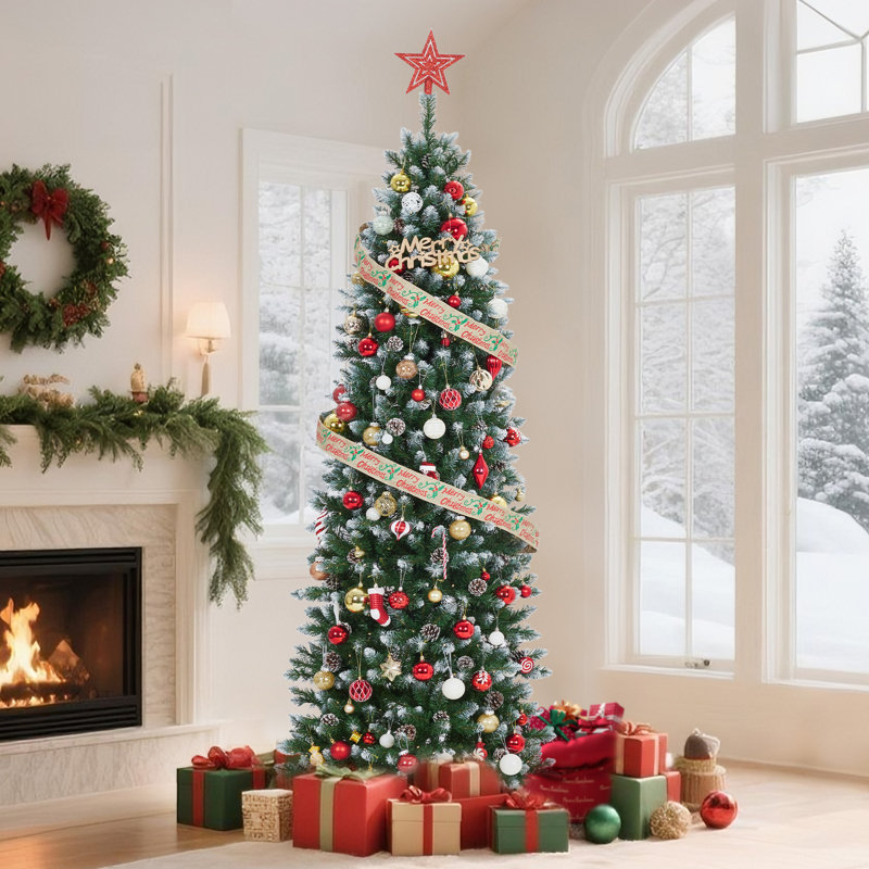 Arbre de Noël 6 pi / 7,5 pi / 9 pi / 12 pi - Arbre artificiel mince givré pré-éclairé avec pomme de pin, décoration de Noël pour arbre de Noël compact