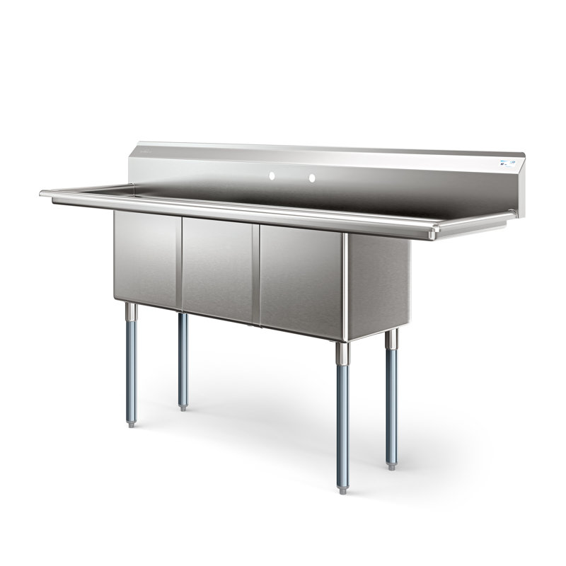 Évier commercial 75 po à trois compartiments, format bol 15 x 15 x 14, acier inoxydable de calibre 18 avec 2 égouts (km-sc151514-15b3)