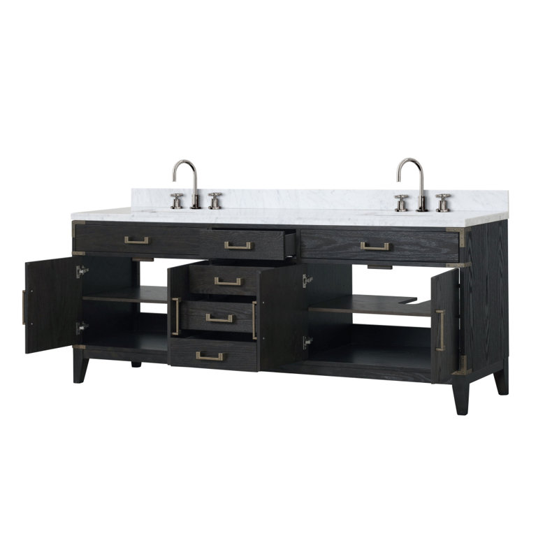 Meuble-lavabo double en chêne noir 84 po X P 22 po D, dessus en marbre de Carrare et ensemble de robinet, Marbre de Carrare